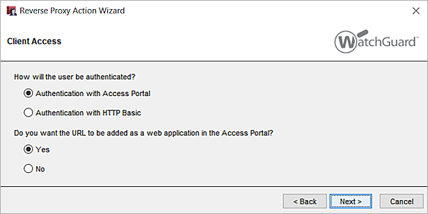 Screenshot that shows the Client Access page of the wizard.